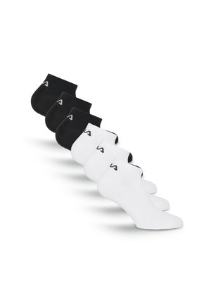 Trois paires de chaussettes basses noires et trois paires blanches disposées en diagonale avec un petit logo près de la cheville.
