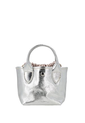 Small silver metallic handbag with two handles and a striped fabric drawstring closure inside.