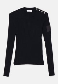 Svart ribbad stickad tröja med lång ärm, rund halsringning, axelknappdetaljer och en liten bröstficka för extra detalj.