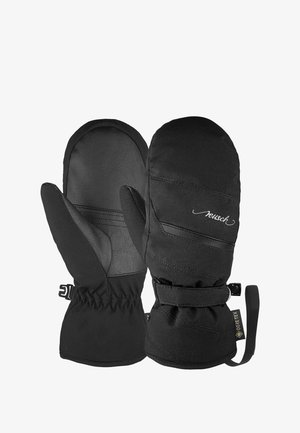 Zwarte wanten van zacht weefsel met leren palm. Bevat een elastische pols, verstelbare band en logo-detail. Waterdicht en geïsoleerd ontwerp.