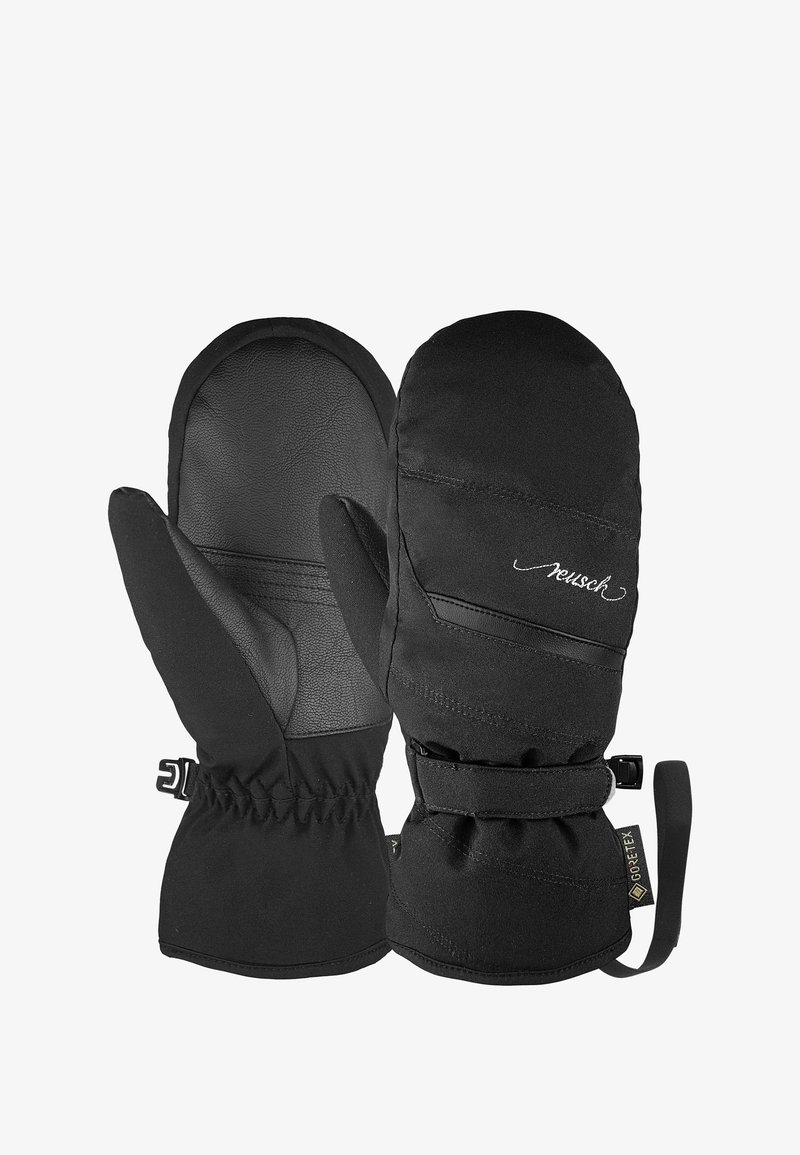 Black mittens made of soft fabric with leather palm. Features elastic wrist, adjustable strap, and logo detail. Waterproof and insulated design.