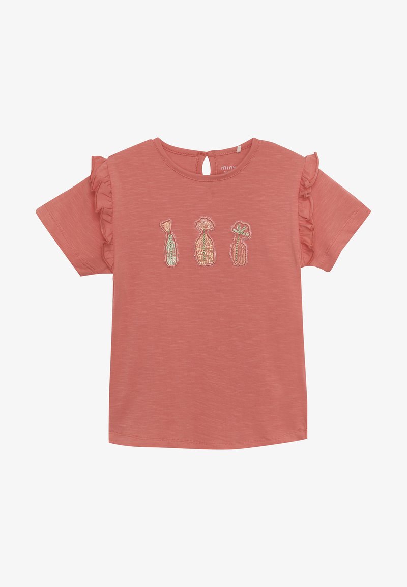 Coral cotton t-shirt with short ruffled sleeves, featuring three embroidered bottle designs in pastel colors on the front. Keyhole back detail.