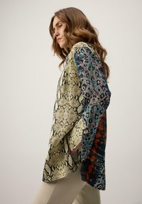 Srajca iz našitkov z vzorci kačjega in živalskega potiska v odtenkih zelene, modre in oranžne. Dolgi rokavi z gumbom.