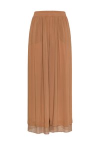 Brun plisseret nederdel med vide ben og elastisk taljebånd. Fremstillet i let stof med en glat tekstur og en gennemsigtig nederkant.