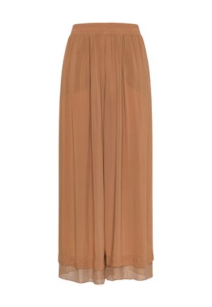 Ruskea, laskostettu leveälahkeinen hame, jossa joustava vyötärönauha. Valmistettu kevyestä kankaasta, jossa on sileä pinta ja läpikuultava helma.