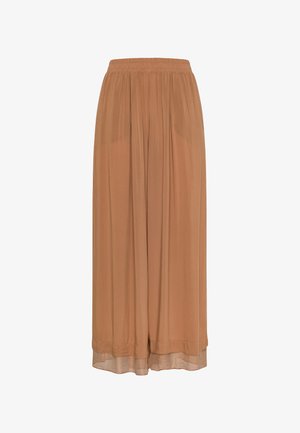 Brun plisseret nederdel med vide ben og elastisk taljebånd. Fremstillet i let stof med en glat tekstur og en gennemsigtig nederkant.