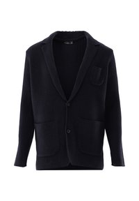 Dunkelblau gestrickte Blazer mit strukturiertem Muster, zwei Fronttaschen, einer Brusttasche und zwei-Knopf-Verschluss.