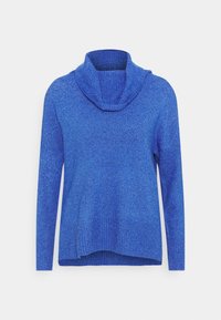 Pull tricoté à manches longues bleu vif avec un large col bénitier et un ourlet côtelé, présenté sur un fond blanc.