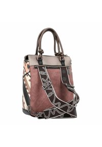 Mehrfarbige Handtasche mit einem strukturierten burgunderfarbenen Körper, grauen Akzenten, gemustertem Tragegurt und doppelten Tragegriffen. Mit einem Reißverschlussverschluss.