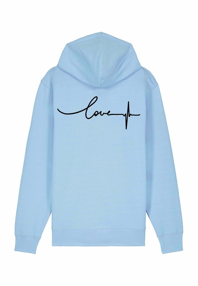 Felpa leggera blu chiaro con cappuccio regolabile. Testo nero "love" con una grafica di linea del battito cardiaco sul retro. Tessuto morbido e vestibilità comoda.