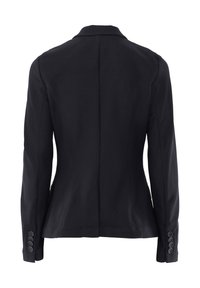 Schwarze Jacke mit strukturiertem Stoff, taillierter Passform und einem Reverskragen. Acht Knopfdetails an den Ärmeln, mit einer figurbetonten Silhouette.