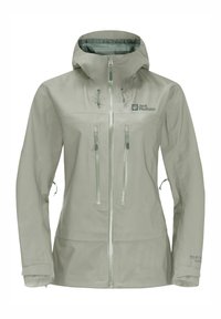 Giacca impermeabile grigia chiara con cappuccio, due tasche anteriori con zip e corde di regolazione al collo e ai polsini.