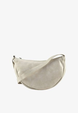 Borsa a tracolla sintetica beige con forma curva, design piatto, ferrature in metallo e una texture sottile. Presenta un logo JOST sul davanti.