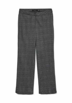 Pantalones cuadros grises con un diseño recortado y de pierna ancha, con una textura suave y una cinturilla plana. Fabricados en un tejido ligero.