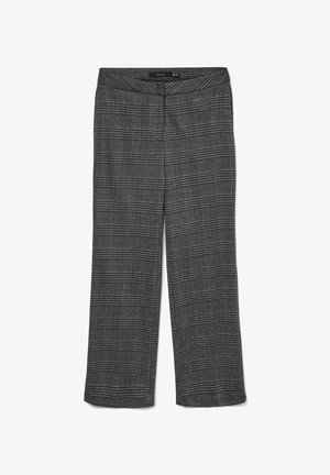 Graue karierte Hose mit einem verkürzten, weit geschnittenen Design, glatter Textur und flachem Bund. Aus leichtem Stoff gefertigt.