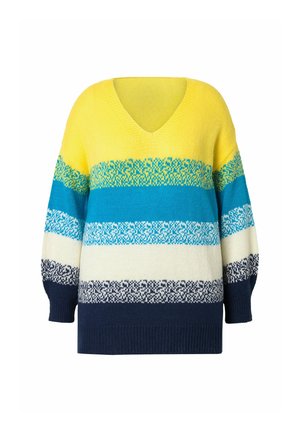 V-hals sweater i gul, blå og creme med multicolore striber. Struktureret strik, løs pasform og ribbede manchetter og kant.
