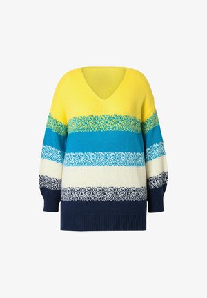 V-hals trui in geel, blauw en crème met meerkleurige strepen. Gestructureerd breiwerk, losse pasvorm en gebreide manchetten en zoom.