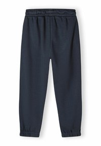 Námornícky modré tepláky vyrobené z mäkkého materiálu, s elastickým pásom a manžetami na členkoch. Jednoduchý strih s rovnými nohavicami.