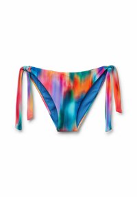 Bikini kalhotky s vázáním na boku, které se pyšní multibarevným batikovaným vzorem v odstínech modré, růžové, oranžové a zelené. Hladká, elastická tkanina.