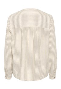 Chemise à manches longues beige et ivoire à rayures, avec une coupe décontractée, des poignets boutonnés et un dos froncé, le tout avec une texture lisse.