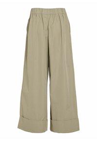 Bredde benbukser i blødt, lyst khaki-stof med elastisk talje, fold foran og opbøjede cuffs for ekstra detaljer.