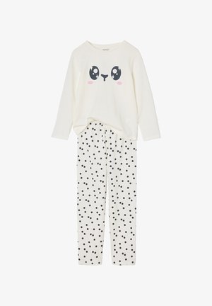 Children’s white long-sleeve top with cute animal face and matching white pants with black polka dots, designed as a pajama set.