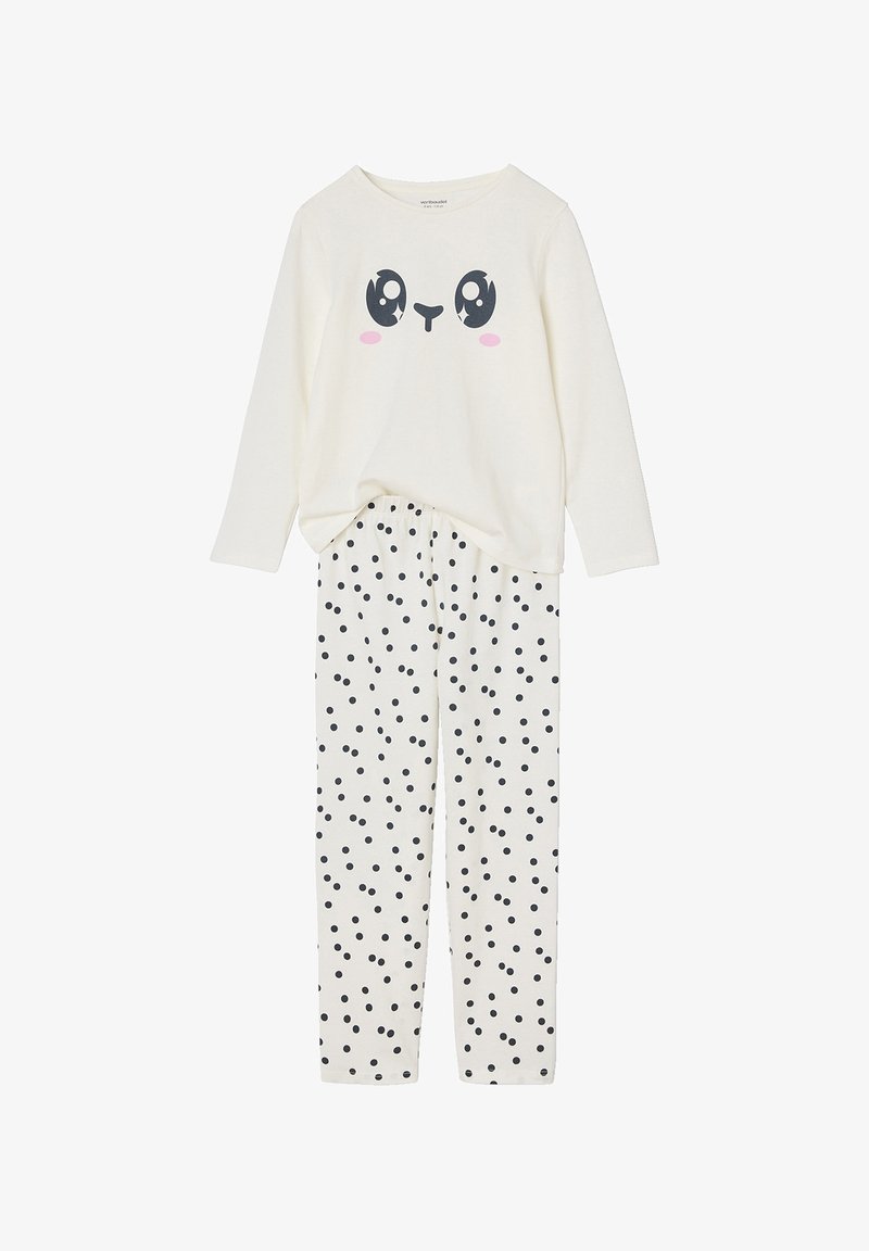 Children’s white long-sleeve top with cute animal face and matching white pants with black polka dots, designed as a pajama set.