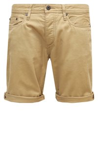Shorts en kaki avec une texture lisse, ourlets roulés, poches avant et fermeture à un bouton. Présente des coutures contrastées et des accents métalliques.