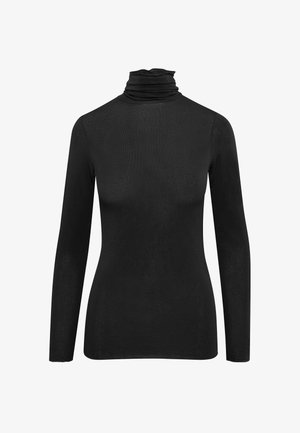 Maglia nera a maniche lunghe con colletto alto, design aderente, texture morbida, caratterizzata da un colletto drappeggiato e dettagli superficiali minimalisti e lisci.