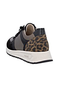 Black and grey athletic shoe featuring a leopard print accent, smooth leather and fabric upper, rounded toe, and white rubber sole.