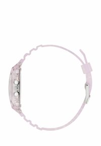 Reloj digital translúcido de color rosa con una correa de silicona gruesa con patrón de olas y una cara rectangular clara, que incluye dos botones blancos.