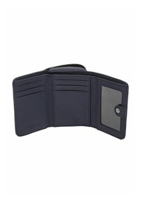 Granatowy skórzany portfel z wieloma przegródkami na karty, przezroczystym okienkiem na dowód tożsamości oraz przegrodą na zamek. Gładka faktura i widoczne przeszycia.