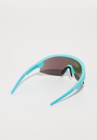 Sunglasses with a bright turquoise plastic frame, wraparound design, and gradient brown lenses. Features angled arms and a sporty aesthetic.