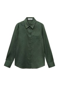 Camicia verde a maniche lunghe con bottoni, realizzata in un tessuto strutturato. Presenta un colletto classico e una tasca sul petto.