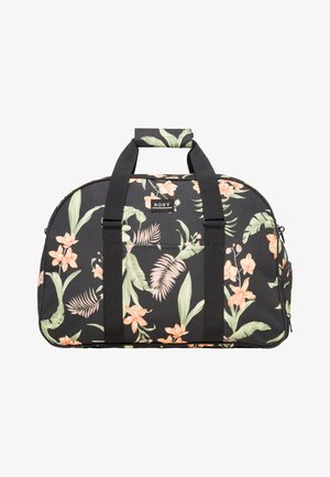 Black duffel bag with floral pattern, featuring pink and green leaves and flowers. Two black handles and a zipper pocket on the side.