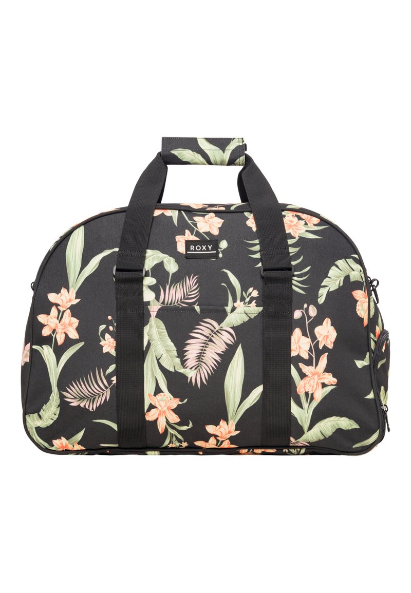 Zwarte sporttas met bloemenpatroon, met roze en groene bladeren en bloemen. Twee zwarte handvatten en een ritsvak aan de zijkant.