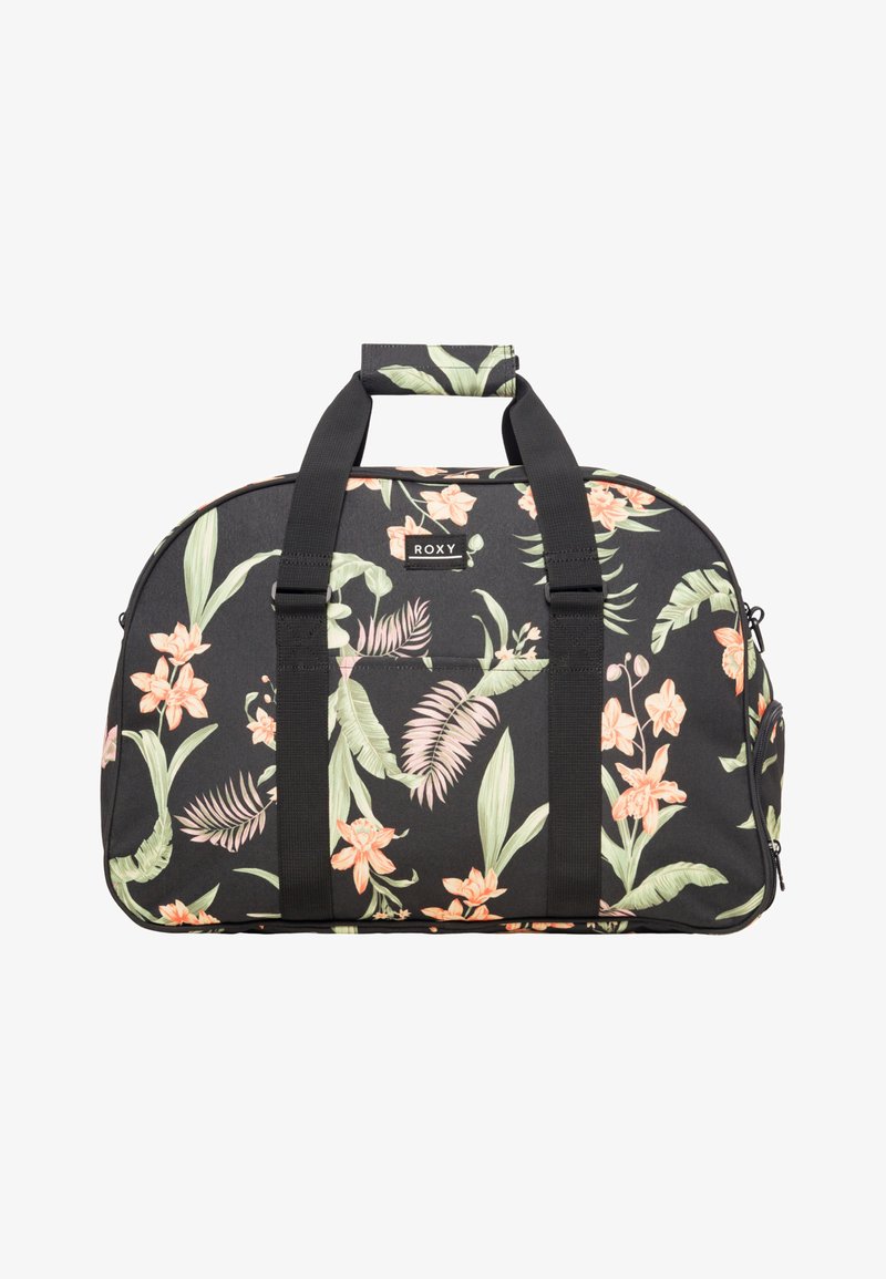 Černá sportovní taška s květinovým vzorem, která obsahuje růžové a zelené listy a květy. Dvě černé rukojeti a kapsa na zip na boku.