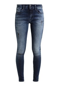 Strakke jeans in donkerblauwe denim met een vervaagde wassingen, versleten details, vijf zakken en een klassieke knoop- en ritssluiting.