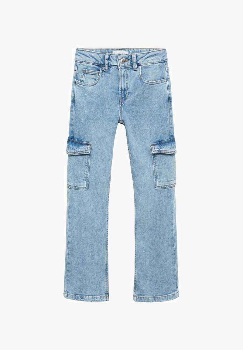 Pantaloni cargo in denim azzurro chiaro con due grandi tasche laterali, taglio dritto e chiusura con bottoni classica. Texture liscia.