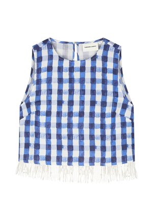 Mouwloos cropped top met blauw-witte geruite print en witte franjes aan de onderkant, ronde halslijn, sluiting met knopen aan de achterkant.