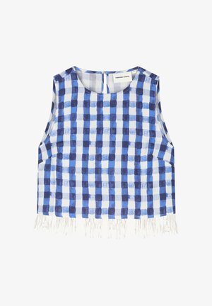 Sleeveless cropped top with blue and white checkered pattern and white fringe at bottom edge, round neckline, back button closure.