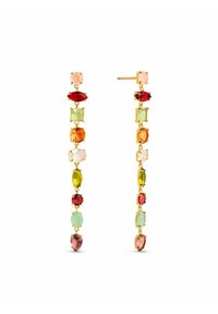 Ohrringe mit Goldton im Tropfendesign, die farbenfrohe Edelsteine in verschiedenen Formen zeigen: rot, grün, orange und pink, die in alternierenden Mustern angeordnet sind.