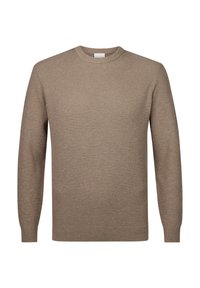 Beiger Strickpullover mit rundem Ausschnitt, langen Ärmeln sowie gerippten Bündchen und Saum, mit durchgehend strukturierter Oberfläche.