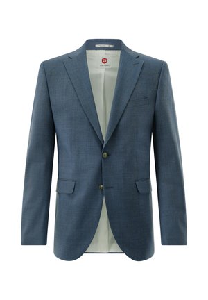 Eleganter einreihiger blauer Herrenblazer mit Kerbkragen, zwei Knöpfen, Pattentaschen und hellfarbiger Innenfütterung.