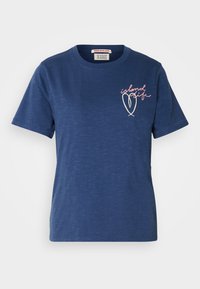 Navy blue cotton t-shirt with short sleeves, featuring light pink embroidered text "island life" and heart design on the left chest.