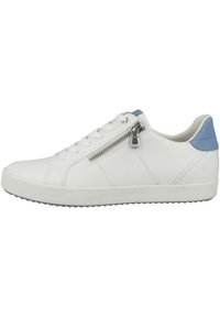White leather sneaker with blue heel accent, featuring a side zipper, lace-up design, and textured rubber sole. Smooth surface with minimal stitching.