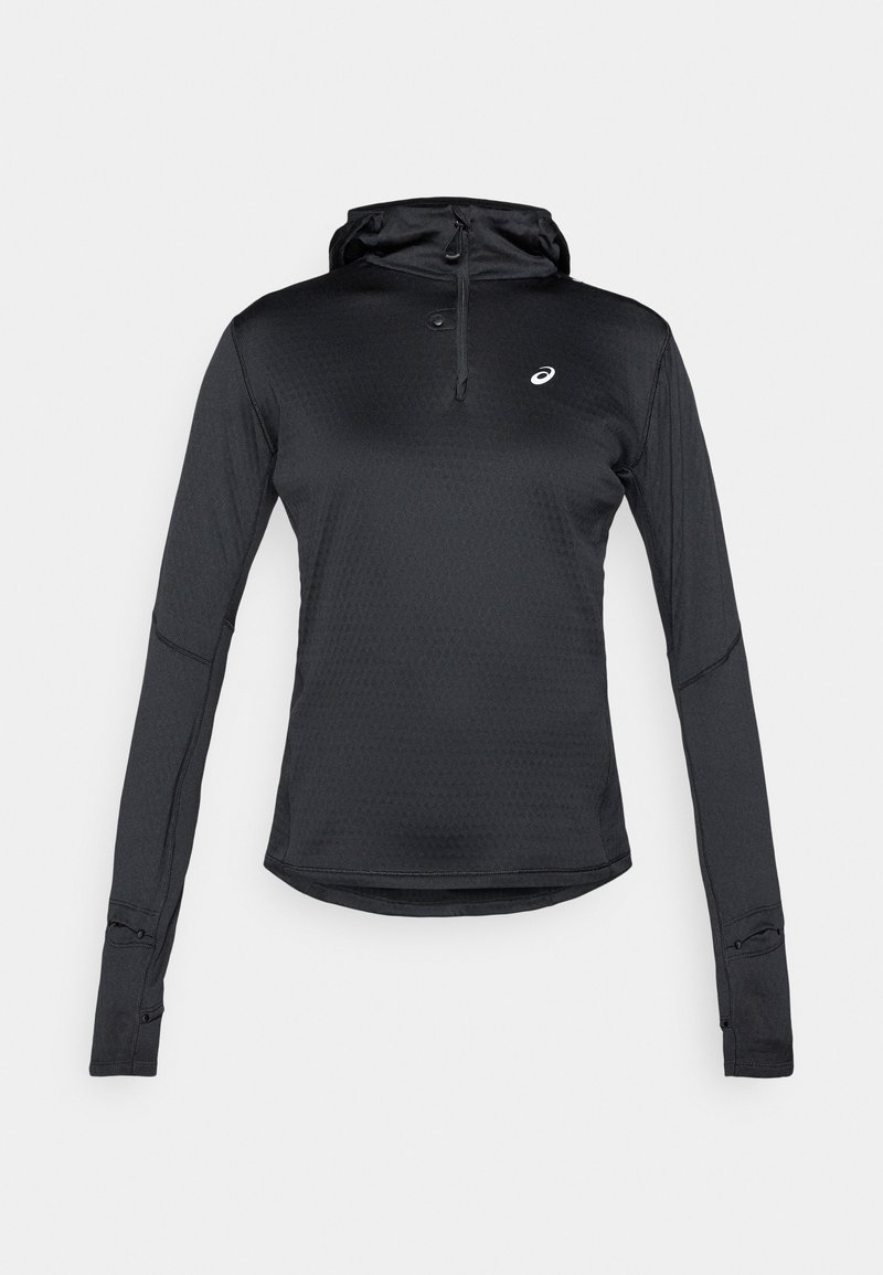 Zwarte hooded langarmpullover gemaakt van gestructureerde stof, met een halve ritssluiting en duimgaten voor een veilige pasvorm. Logo op de borst.