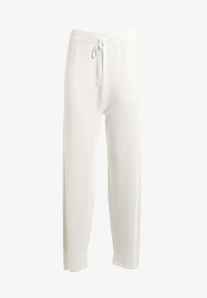 Weiße Baumwoll-Loungehosen mit einem Kordelzugbund, geraden Beinen und dezenten strukturierten Akzenten an den Seiten. Glatte Textur im gesamten Kleidungsstück.