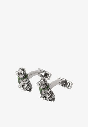 Silver-tone cufflinks shaped like sitting dogs, featuring detailed fur texture and green collars, mounted on curved arms with square fasteners.