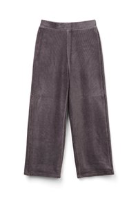 Široké tmavě šedé kordové kalhoty s elastickým pasem, položené na bílém pozadí.